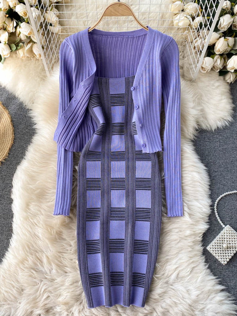 Plaid Print Spaghetti Strap Bodycon Mini Dress and Long Sleeve knit Cardigan