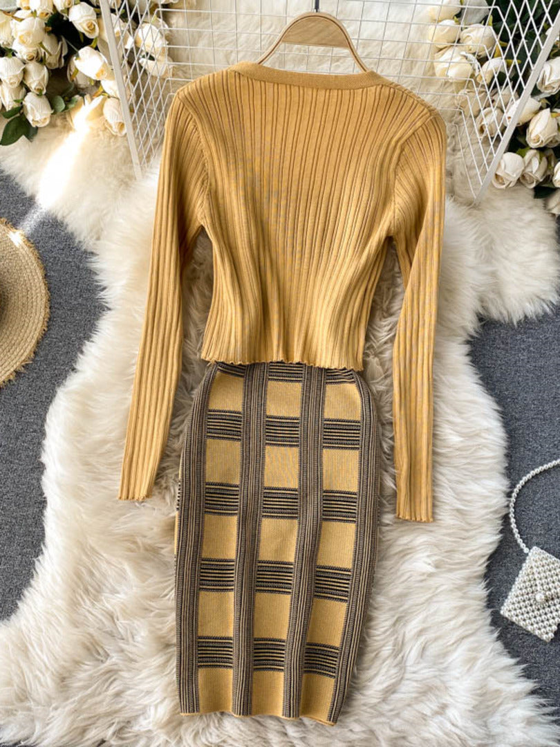 Plaid Print Spaghetti Strap Bodycon Mini Dress and Long Sleeve knit Cardigan