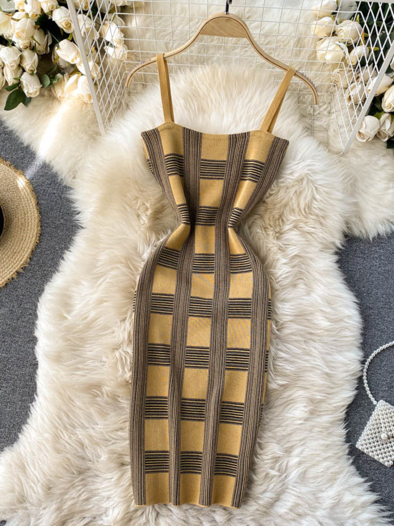 Plaid Print Spaghetti Strap Bodycon Mini Dress and Long Sleeve knit Cardigan