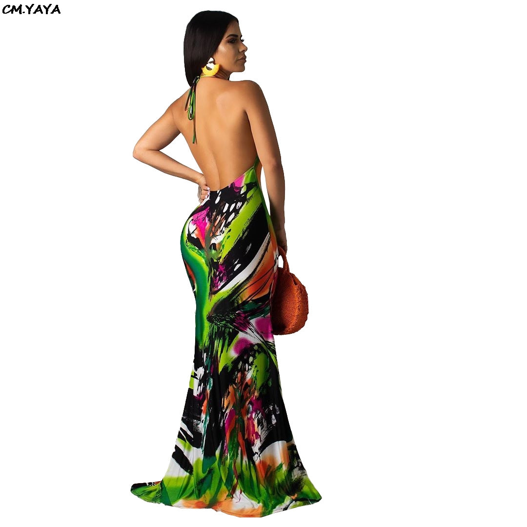 Summer Print Sexy Halter Neck Open Back Mermaid Long Beach Dress