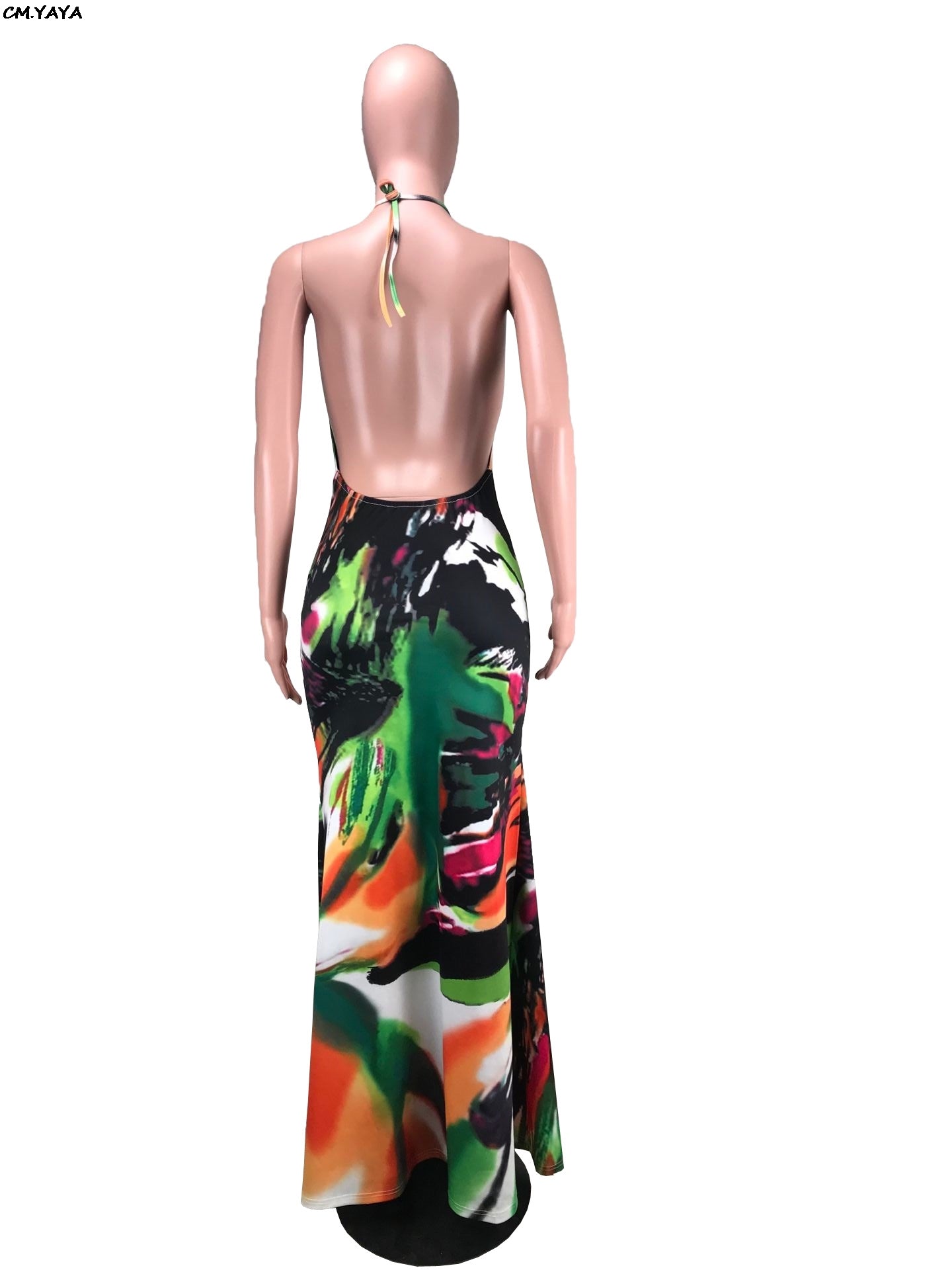 Summer Print Sexy Halter Neck Open Back Mermaid Long Beach Dress