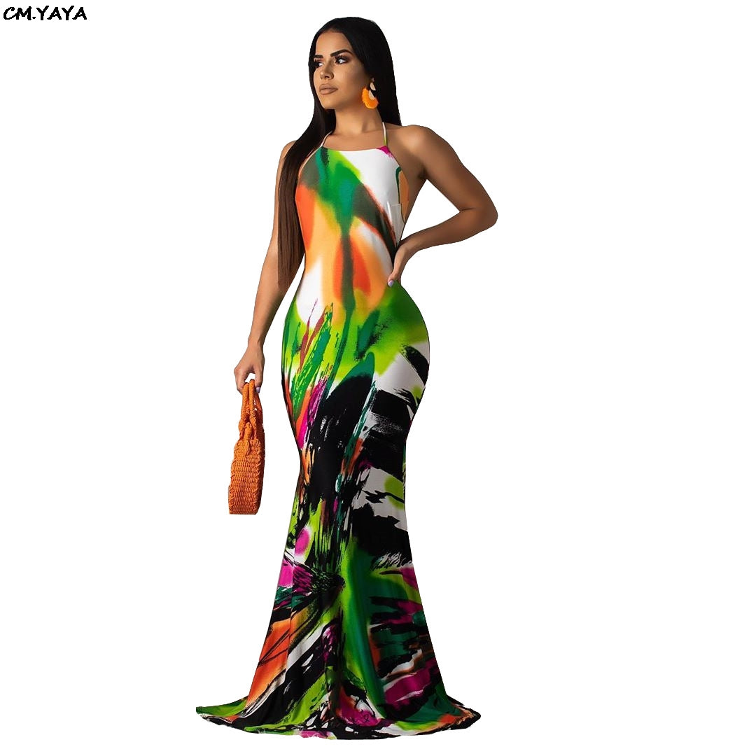 Summer Print Sexy Halter Neck Open Back Mermaid Long Beach Dress