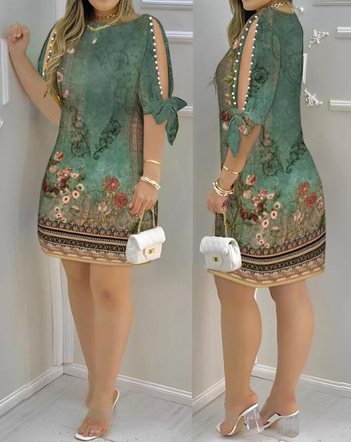 Summer Fashion Pearls Decor Split Sleeve Casual Boat Neck Plain Half Sleeve Mini Dress