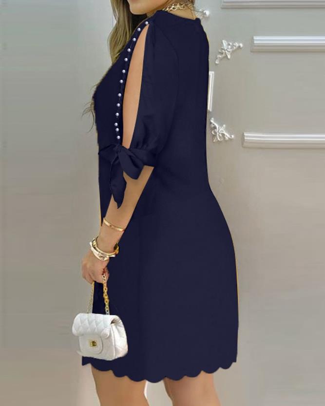 Summer Fashion Pearls Decor Split Sleeve Casual Boat Neck Plain Half Sleeve Mini Dress
