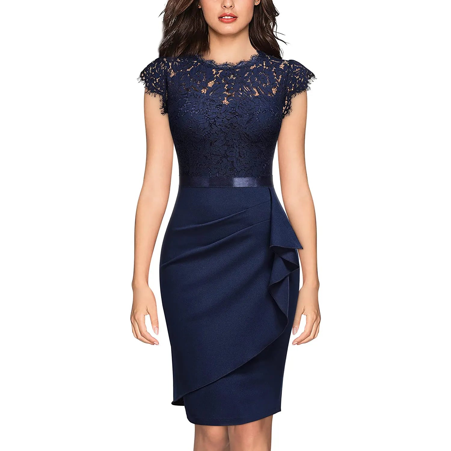 Elegant Floral Lace Ruffle Cap Sleeve Cocktail Party Knee Length Dress