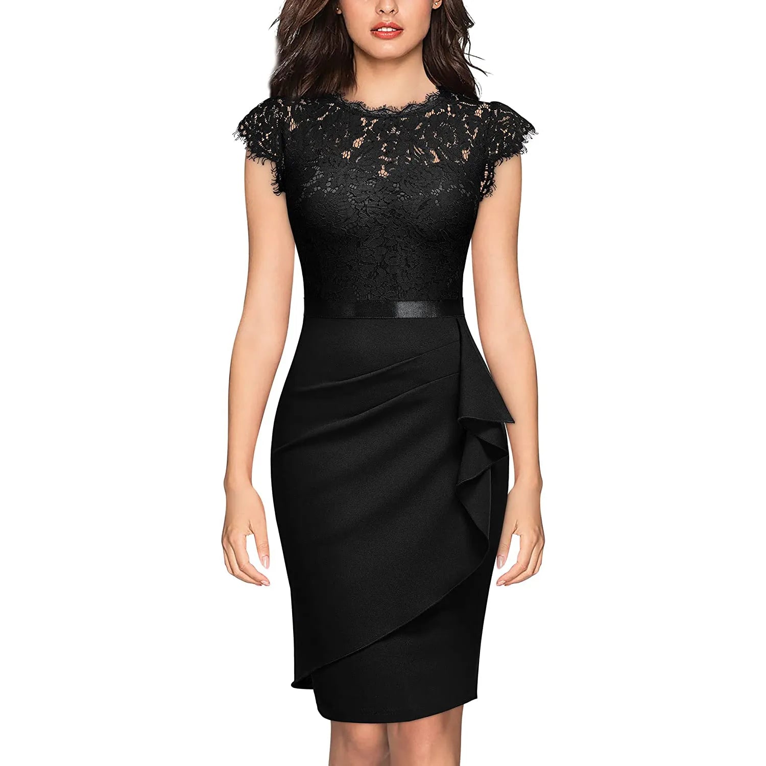 Elegant Floral Lace Ruffle Cap Sleeve Cocktail Party Knee Length Dress