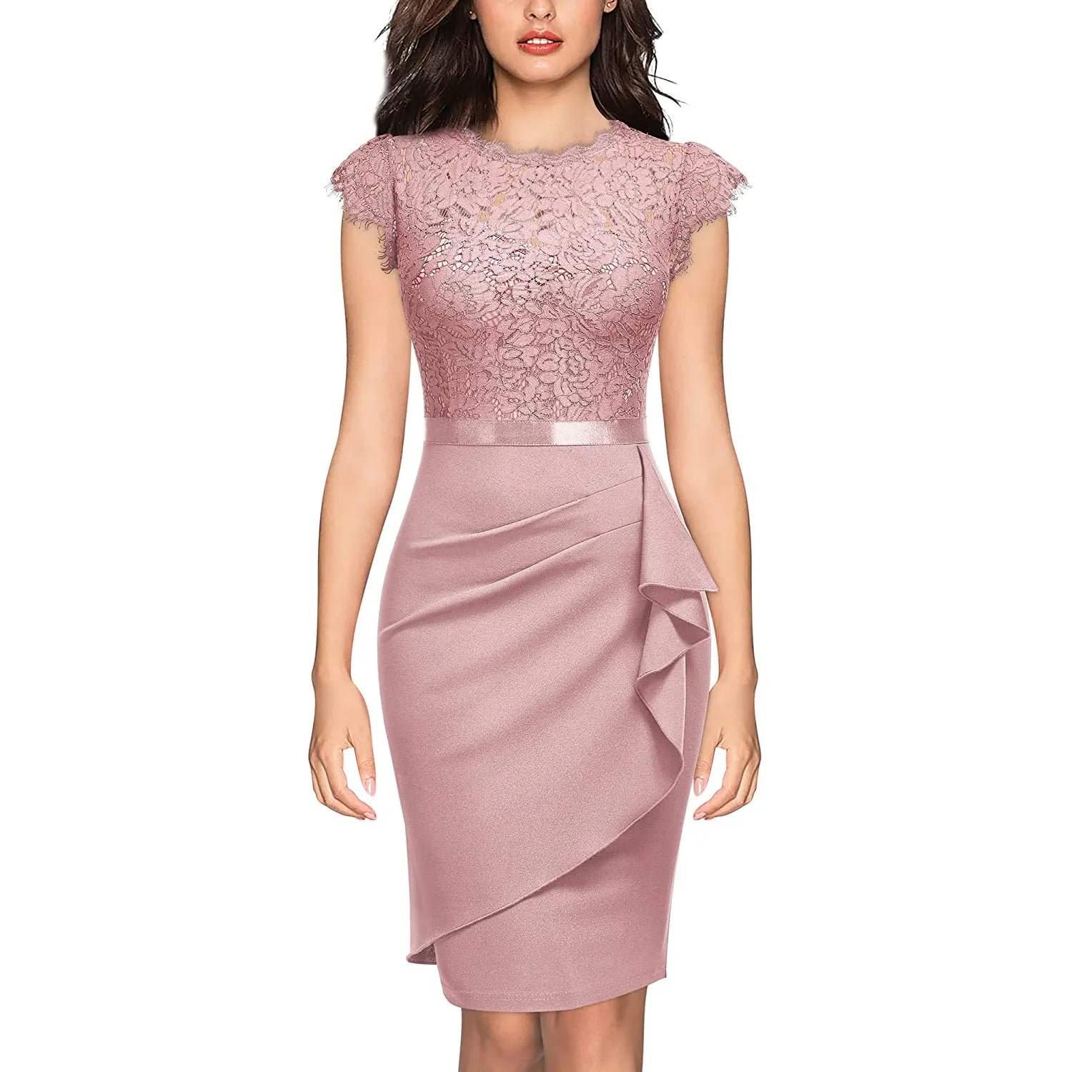 Elegant Floral Lace Ruffle Cap Sleeve Cocktail Party Knee Length Dress