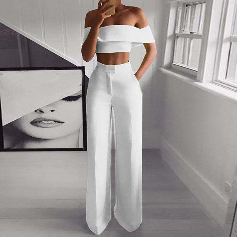 Solid Off Shoulder Crop Top and Straight Pants