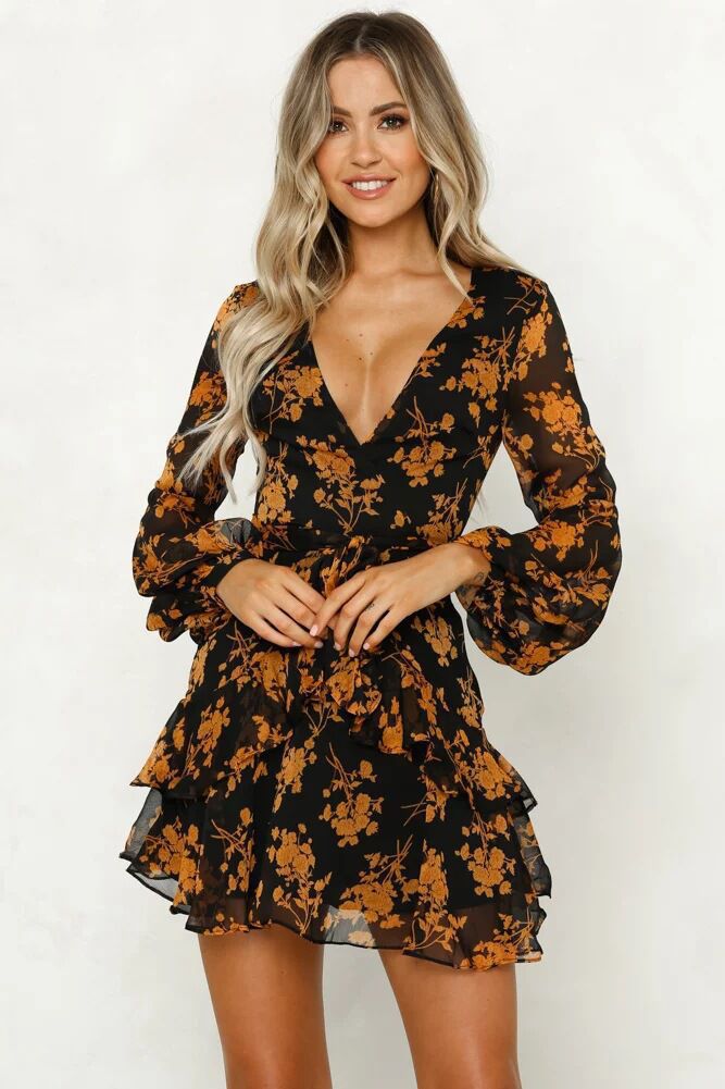 Long Sleeve V-Neck Loose Lantern Sleeve Fashion Floral Dress