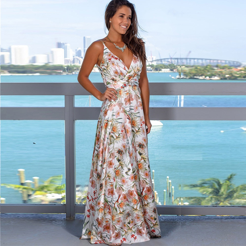 Summer Boho V-Neck Sleeveless Maxi Dress