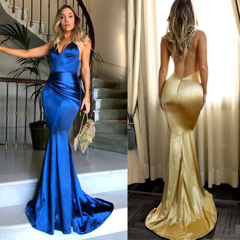 Long Maxi Trumpet Mermaid V-neck Backless Halter Dress