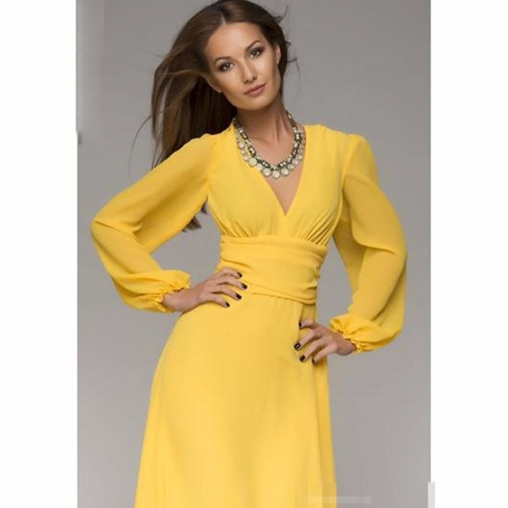 Sexy Deep V-neck Summer Long Sleeves Elegant  Dresses