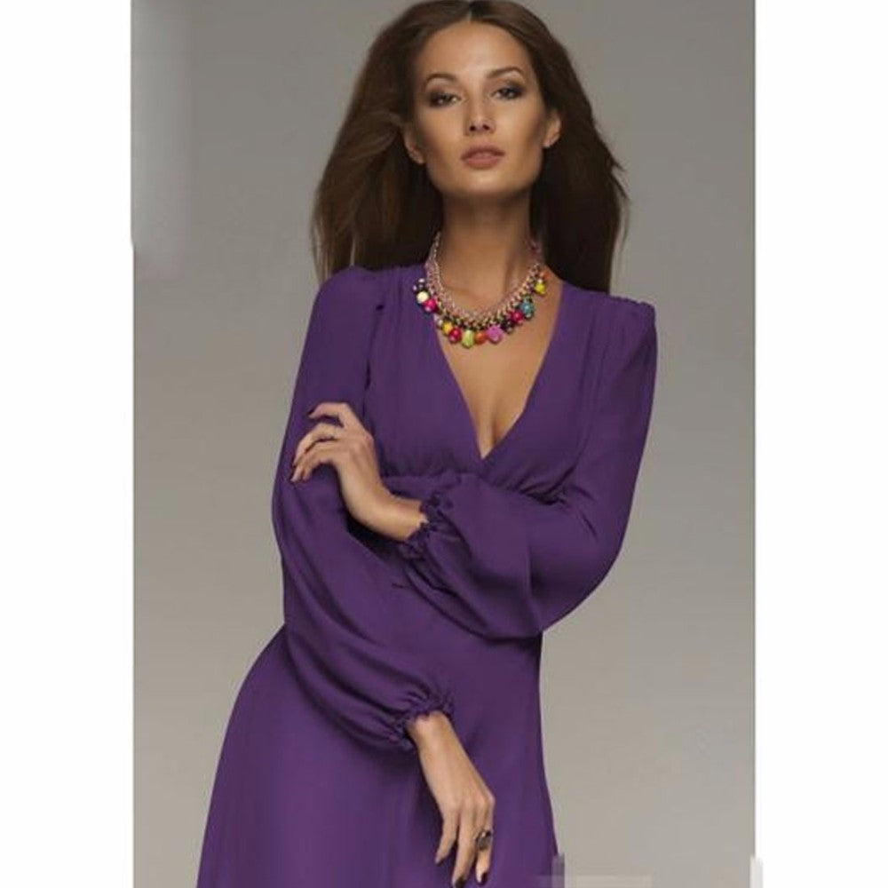 Sexy Deep V-neck Summer Long Sleeves Elegant  Dresses