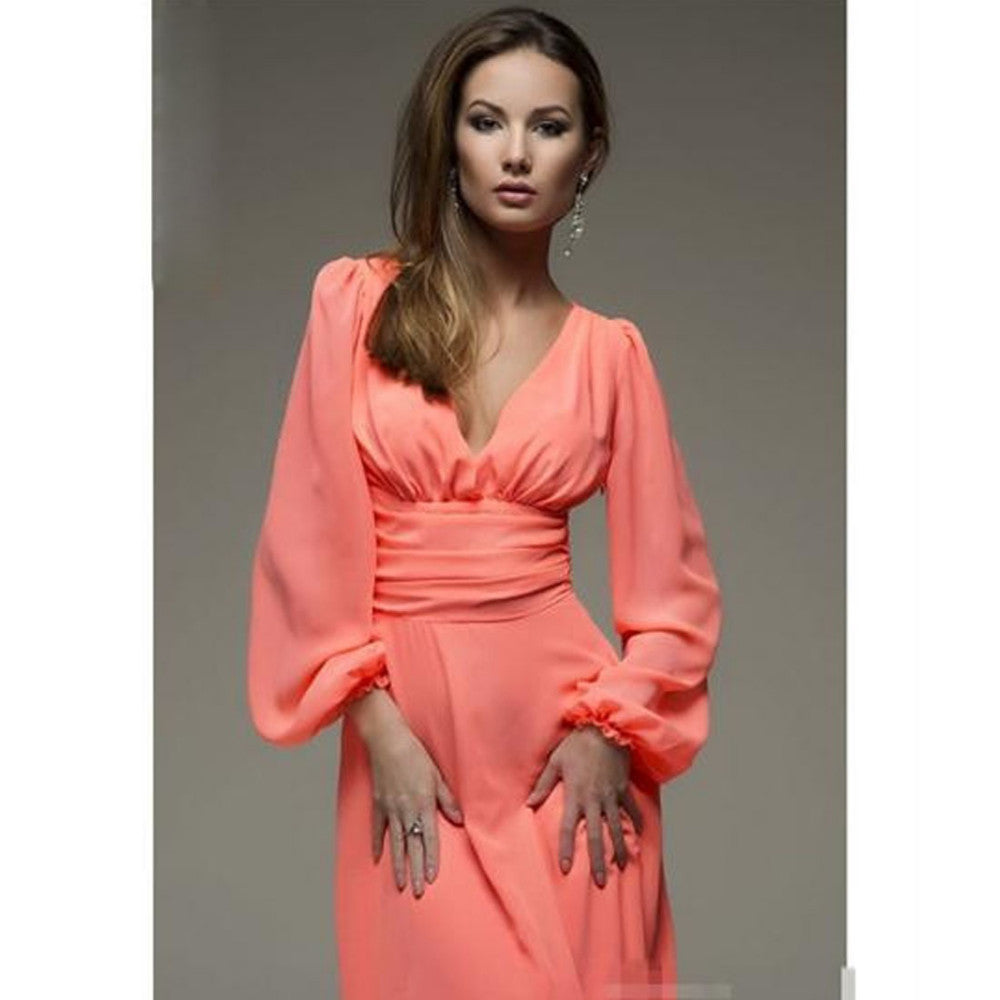 Sexy Deep V-neck Summer Long Sleeves Elegant  Dresses