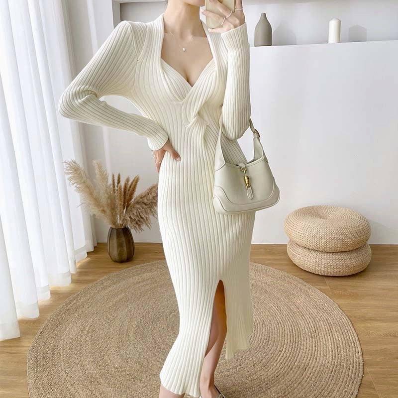 Split Sexy Sweater V-neck Fall Winter High Waist Elegant Slim Knitted Dress