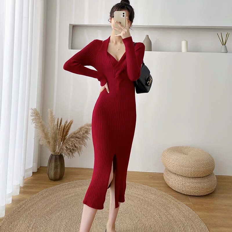 Split Sexy Sweater V-neck Fall Winter High Waist Elegant Slim Knitted Dress