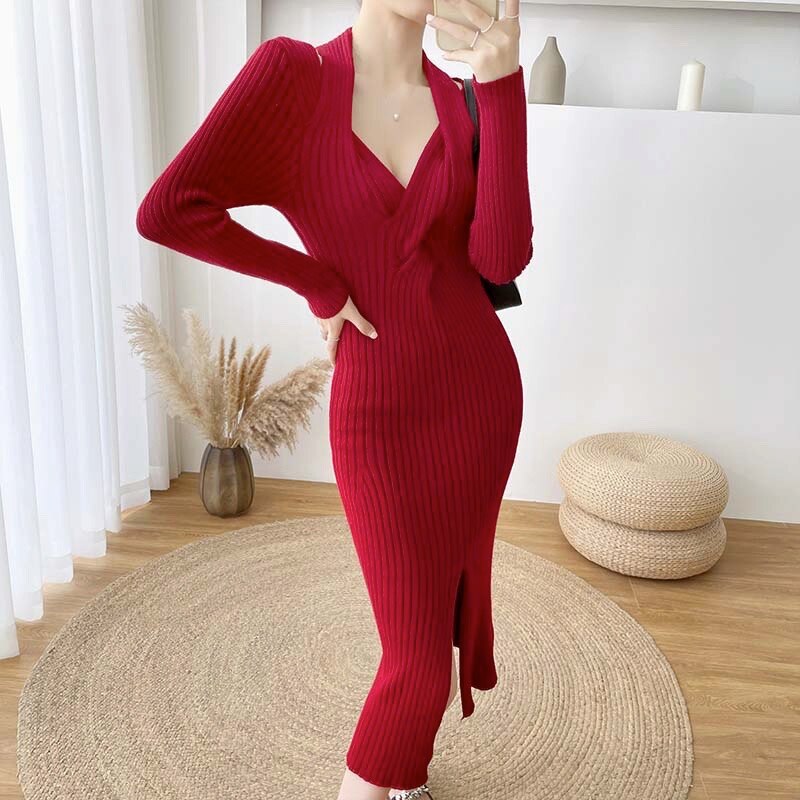 Split Sexy Sweater V-neck Fall Winter High Waist Elegant Slim Knitted Dress