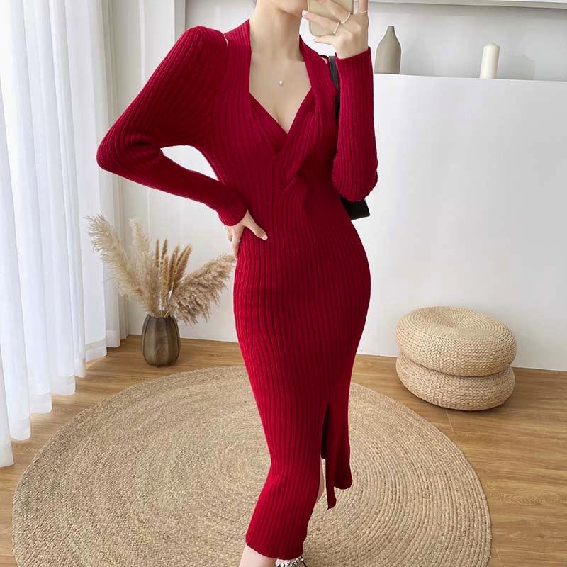 Split Sexy Sweater V-neck Fall Winter High Waist Elegant Slim Knitted Dress