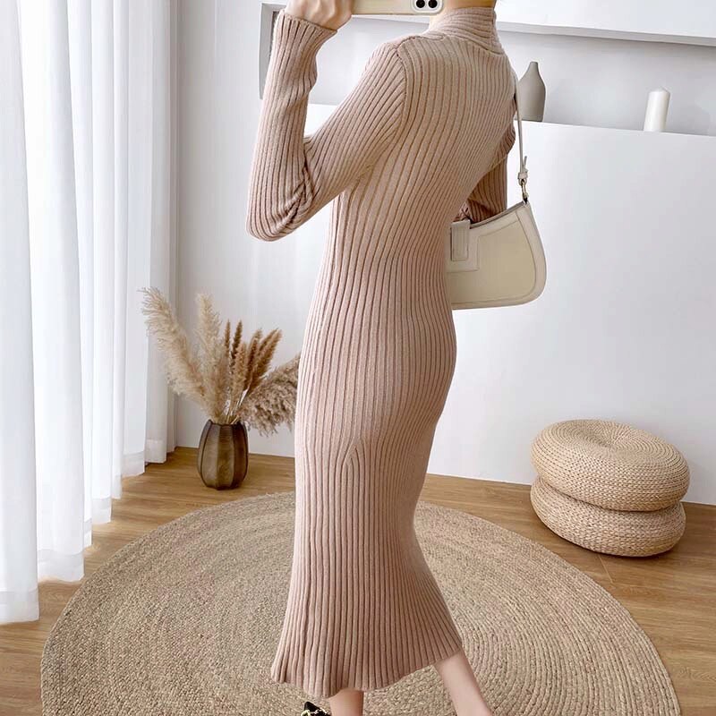 Split Sexy Sweater V-neck Fall Winter High Waist Elegant Slim Knitted Dress