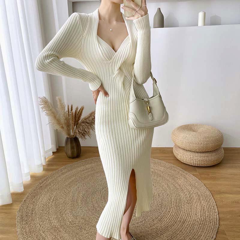 Split Sexy Sweater V-neck Fall Winter High Waist Elegant Slim Knitted Dress