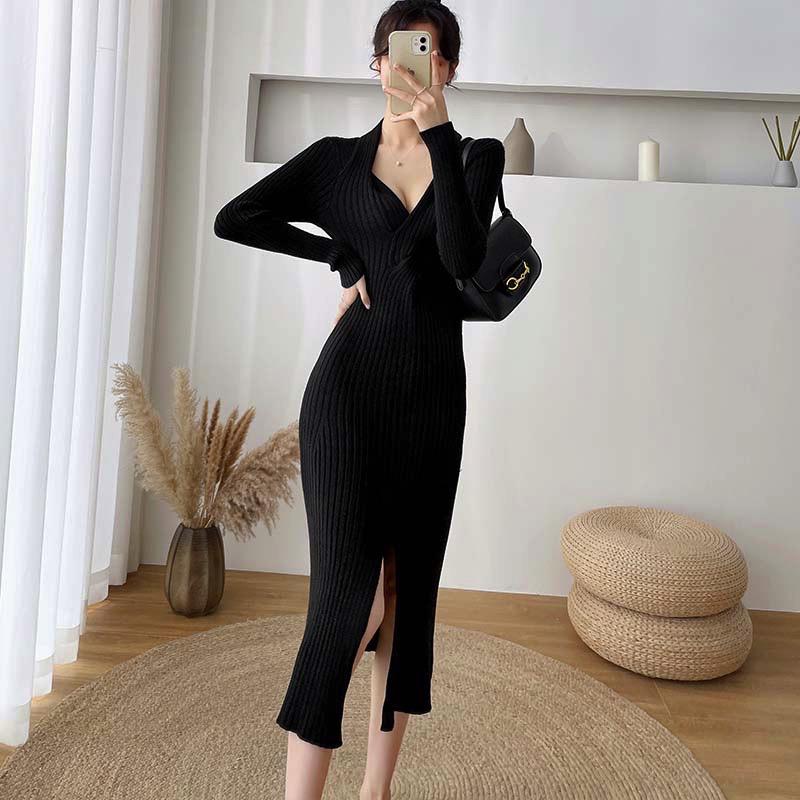 Split Sexy Sweater V-neck Fall Winter High Waist Elegant Slim Knitted Dress