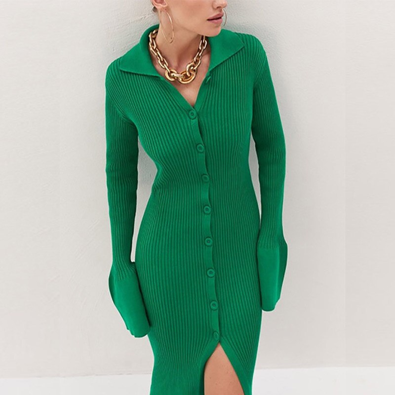 Lady Single Breasted Lantern Sleeve Turn Down Collar Mid Split Slim Knitted Dress