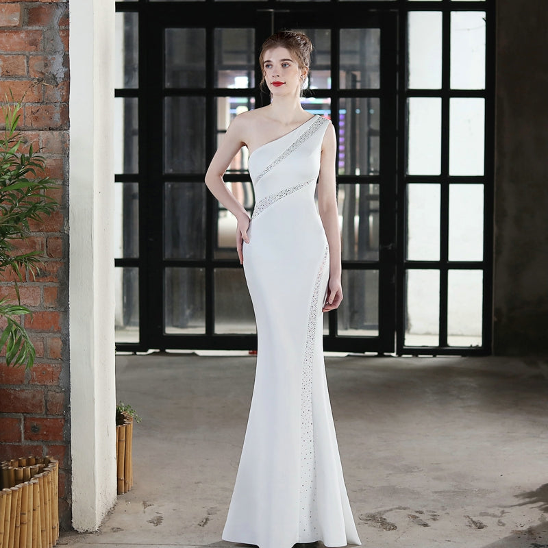 Elegant One Shoulder Soft Satin Crystal Evening Dress