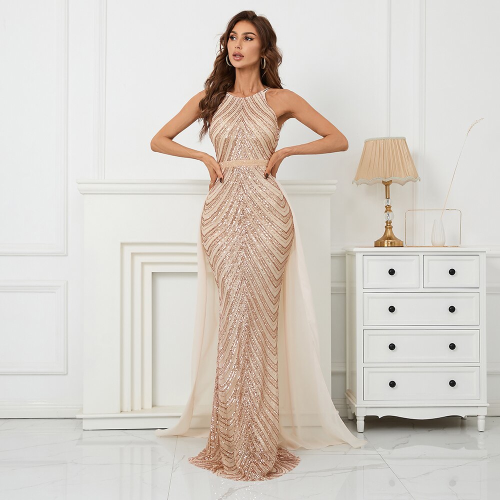 Sequin Evening Dress With Detachable Chiffon Train