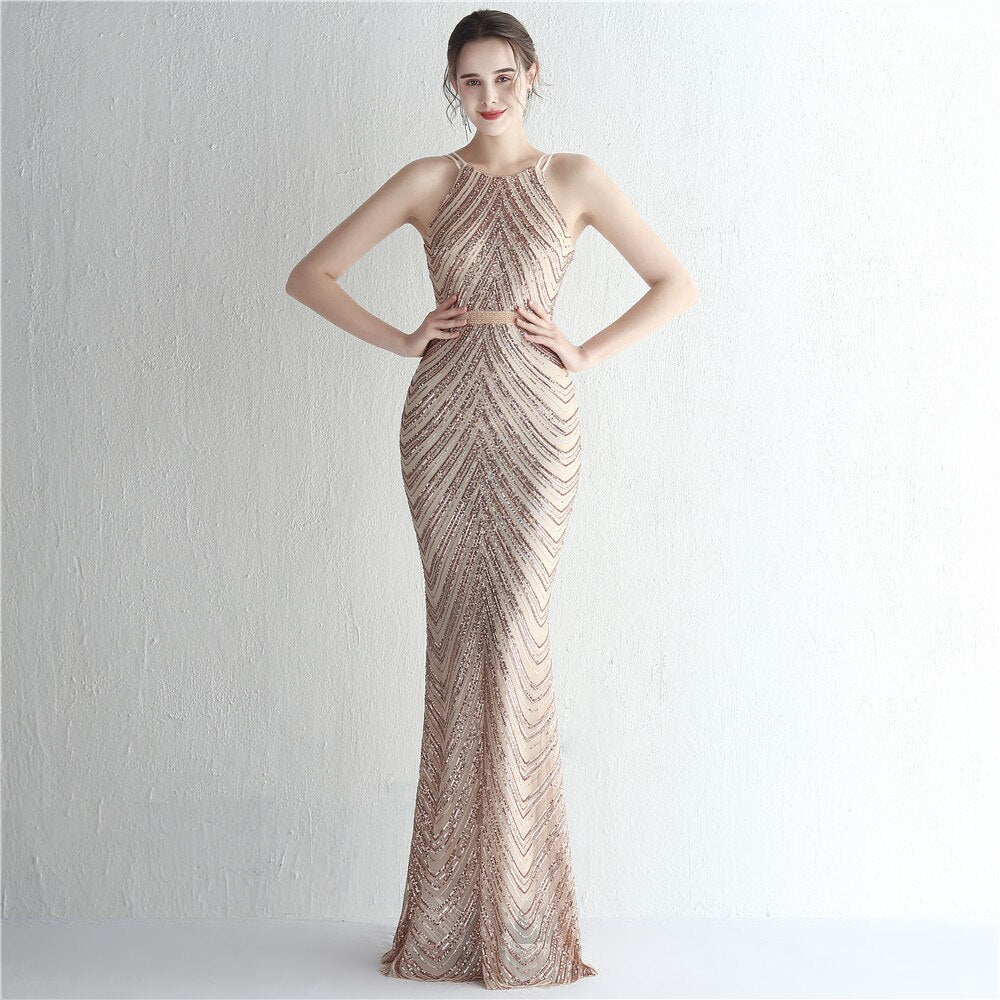 Sequin Evening Dress With Detachable Chiffon Train