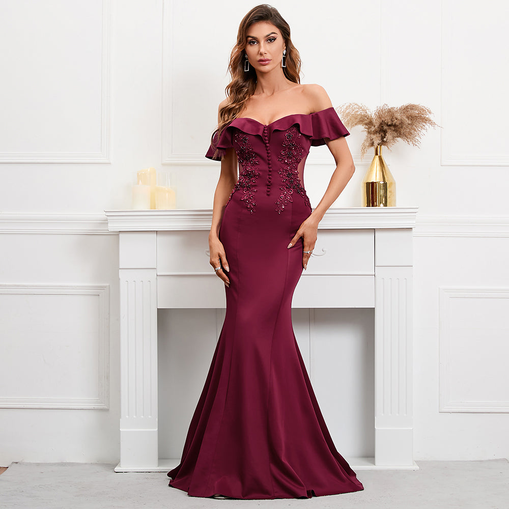 Soft Satin See Through Appliques Beading Long Evening Dress