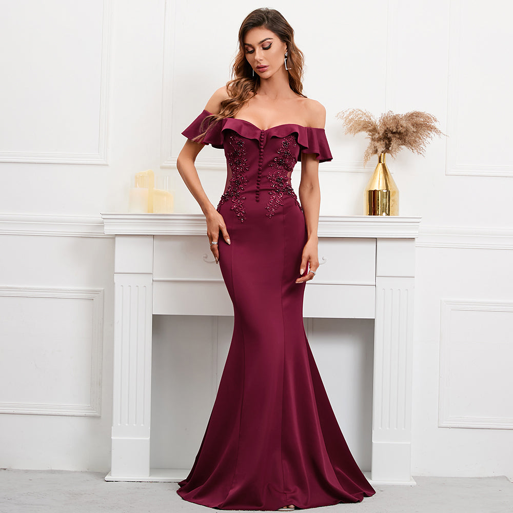 Soft Satin See Through Appliques Beading Long Evening Dress