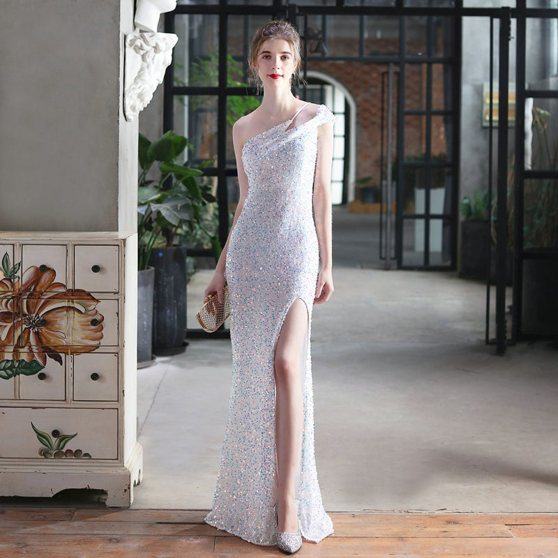 One Shoulder Slit Sequin Evening Dress