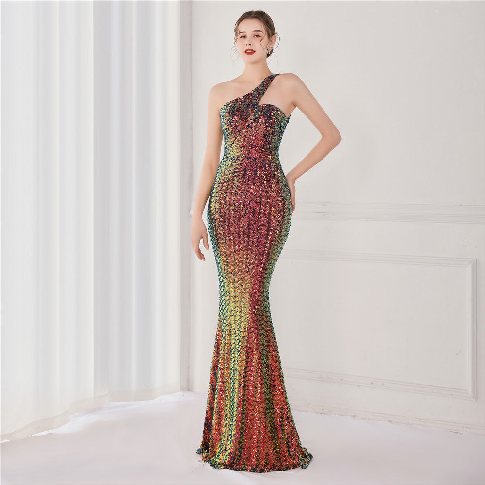 Slash Neck One Shoulder Sequin Evening Dress