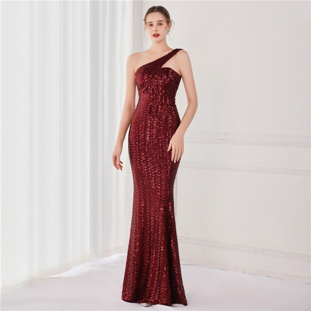 Slash Neck One Shoulder Sequin Evening Dress