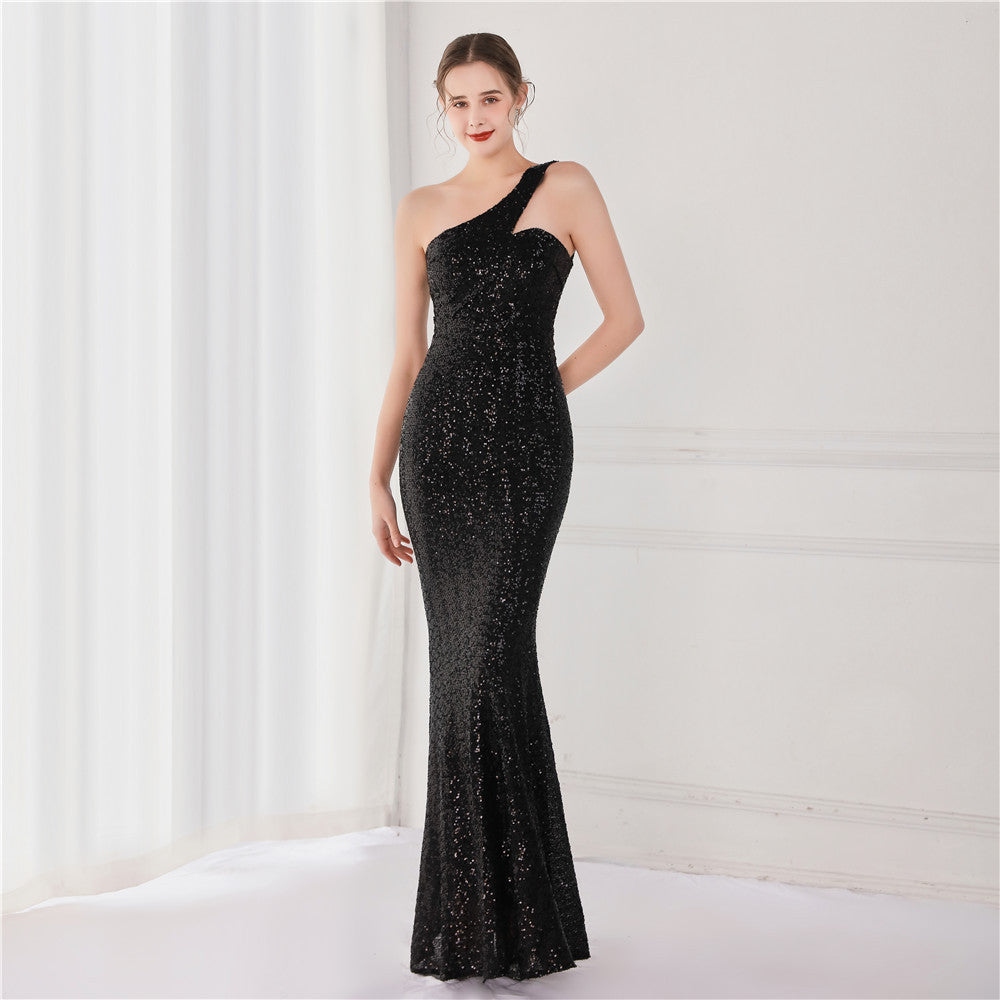 Slash Neck One Shoulder Sequin Evening Dress