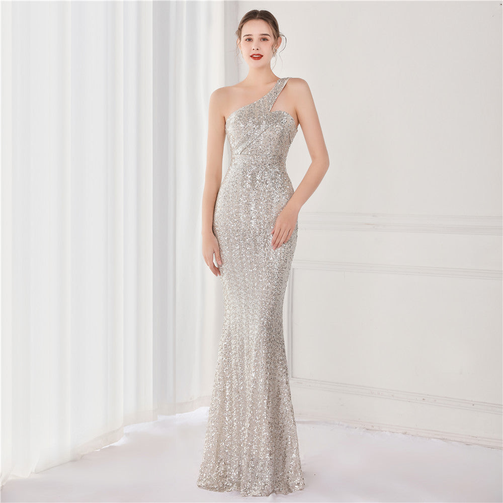 Slash Neck One Shoulder Sequin Evening Dress