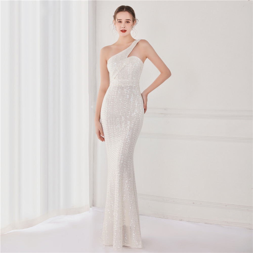 Slash Neck One Shoulder Sequin Evening Dress