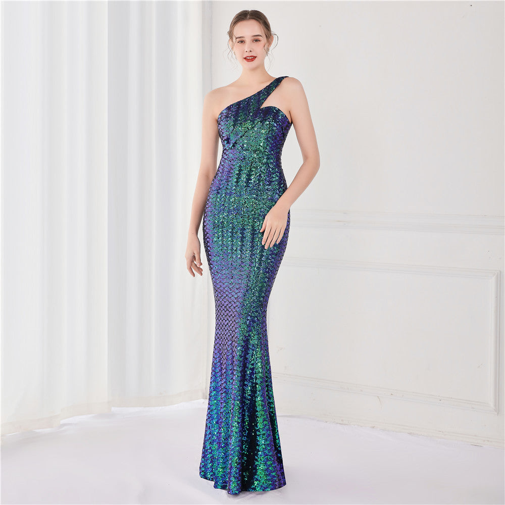 Slash Neck One Shoulder Sequin Evening Dress