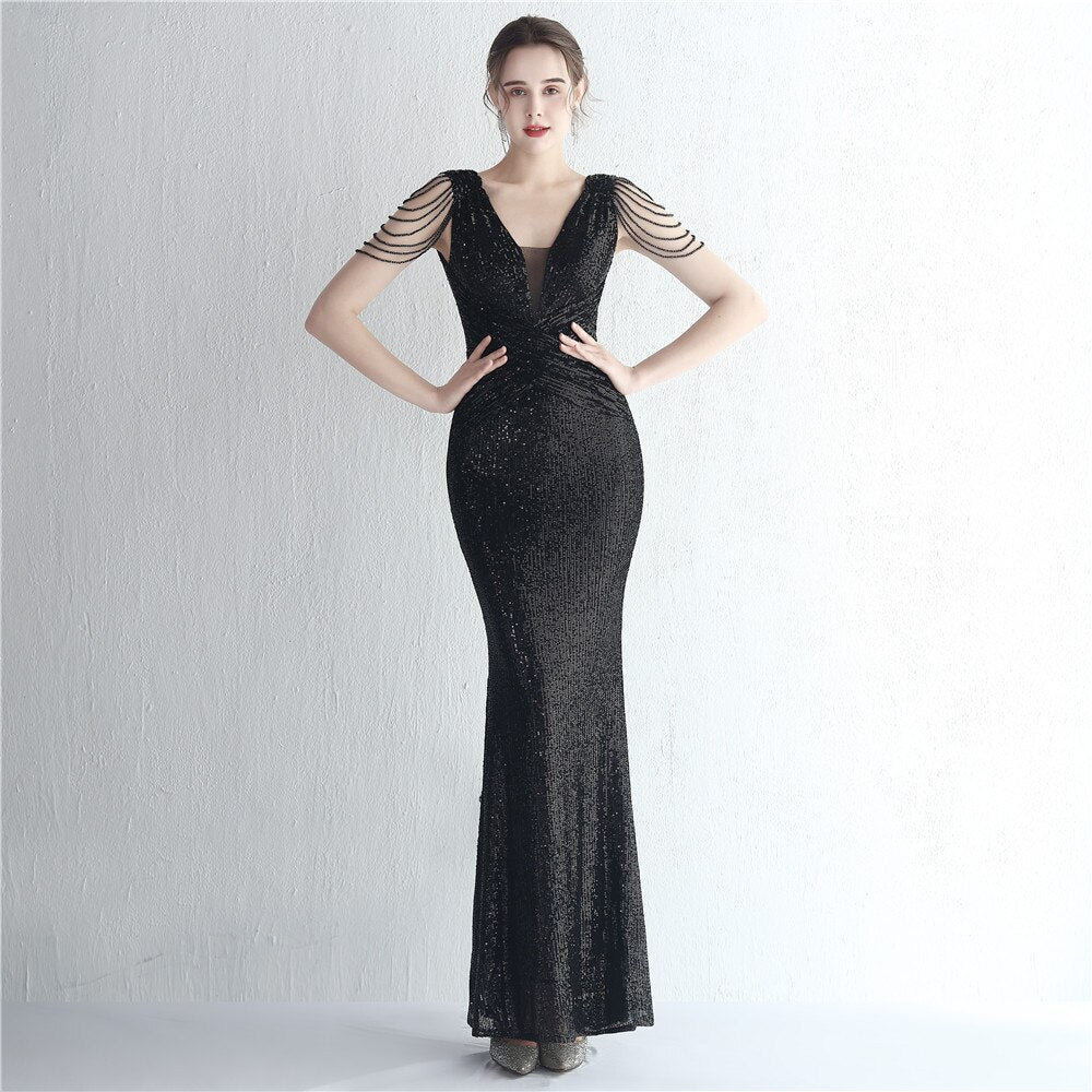 Deep V Neck Sequin Evening Dress