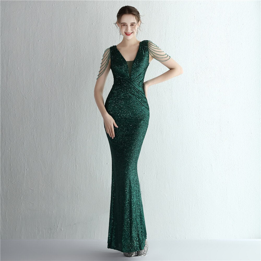 Deep V Neck Sequin Evening Dress