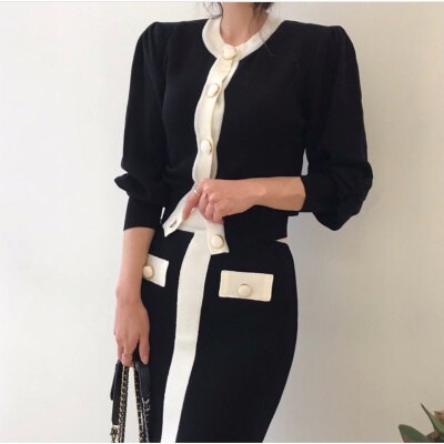 Long Sleeve Cardigan + Elastic Waist Long Skirt Suits