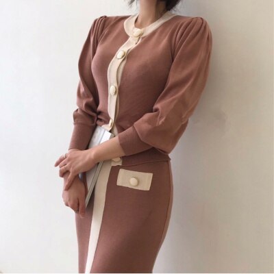 Long Sleeve Cardigan + Elastic Waist Long Skirt Suits