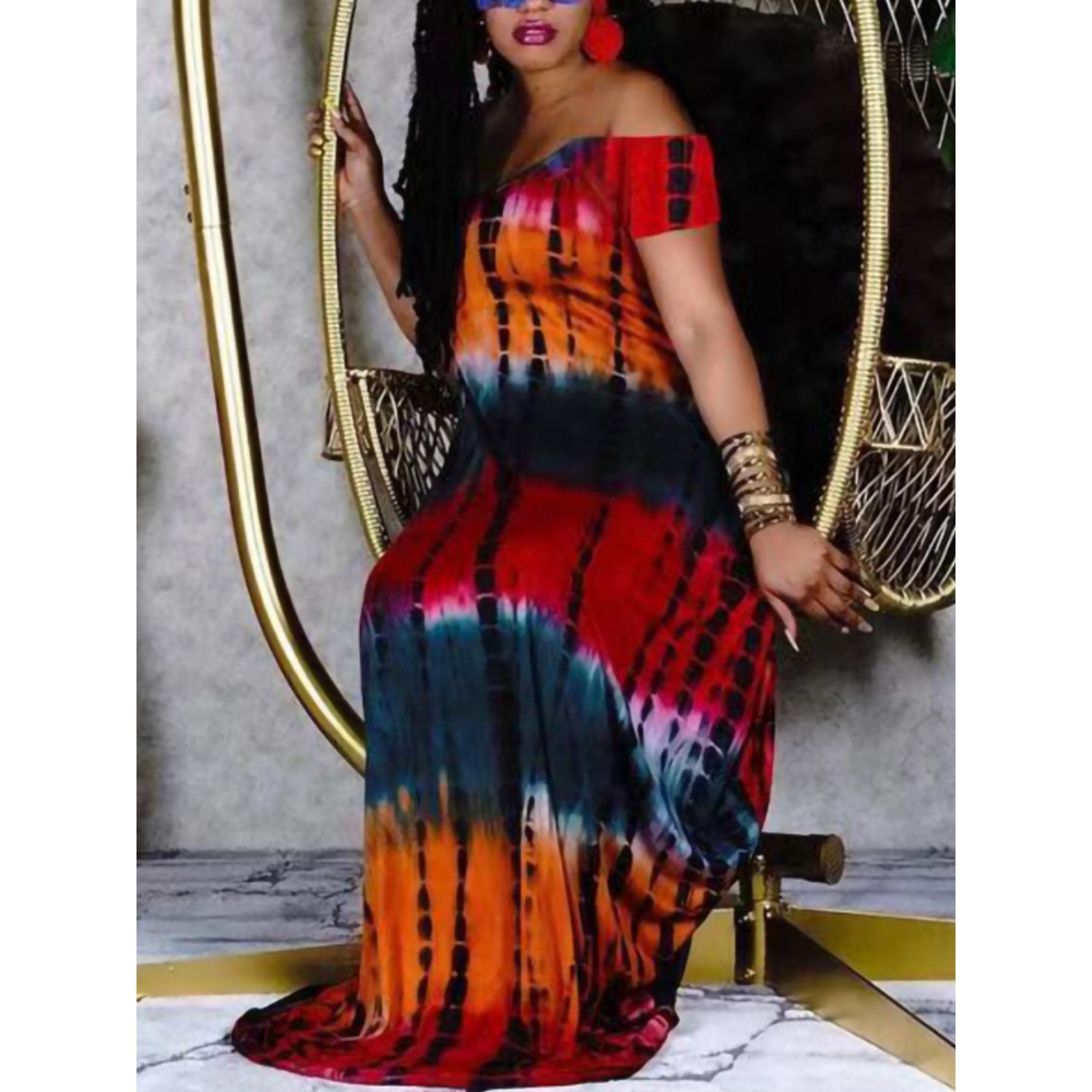 Colorful Tie Dye Print Off Shoulder Maxi Dress