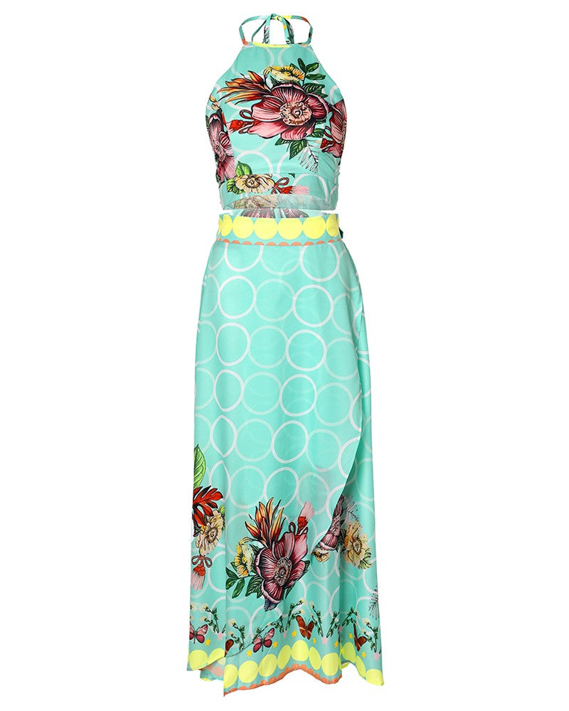 Floral Print Halter Lace Up Crop Tops and High Slit Maxi Skirt Set