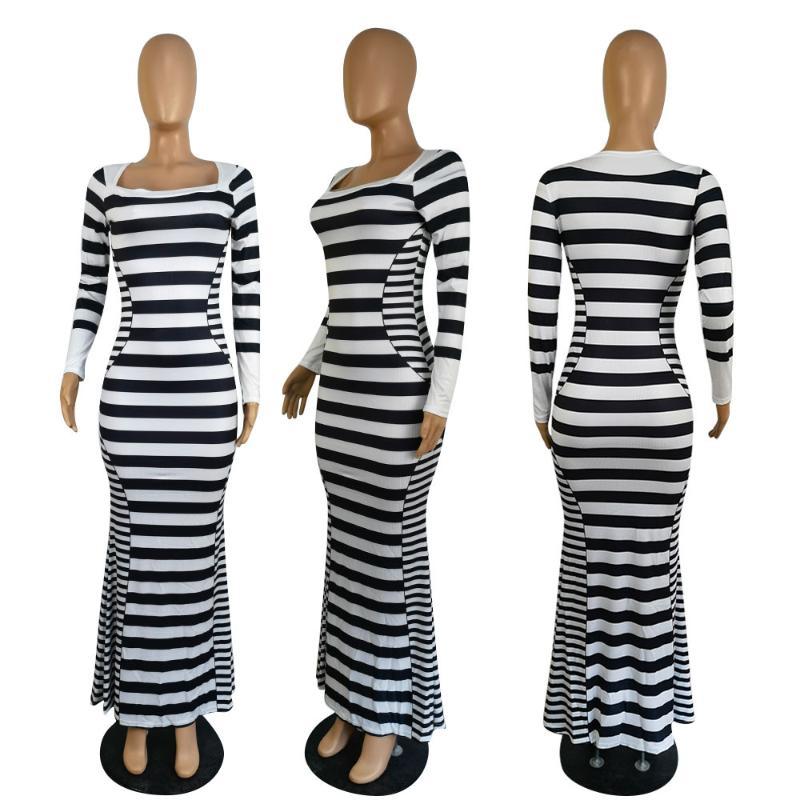 Striped Patchwork Plunging V-neck Long Sleeve Mermaid Maxi Dress