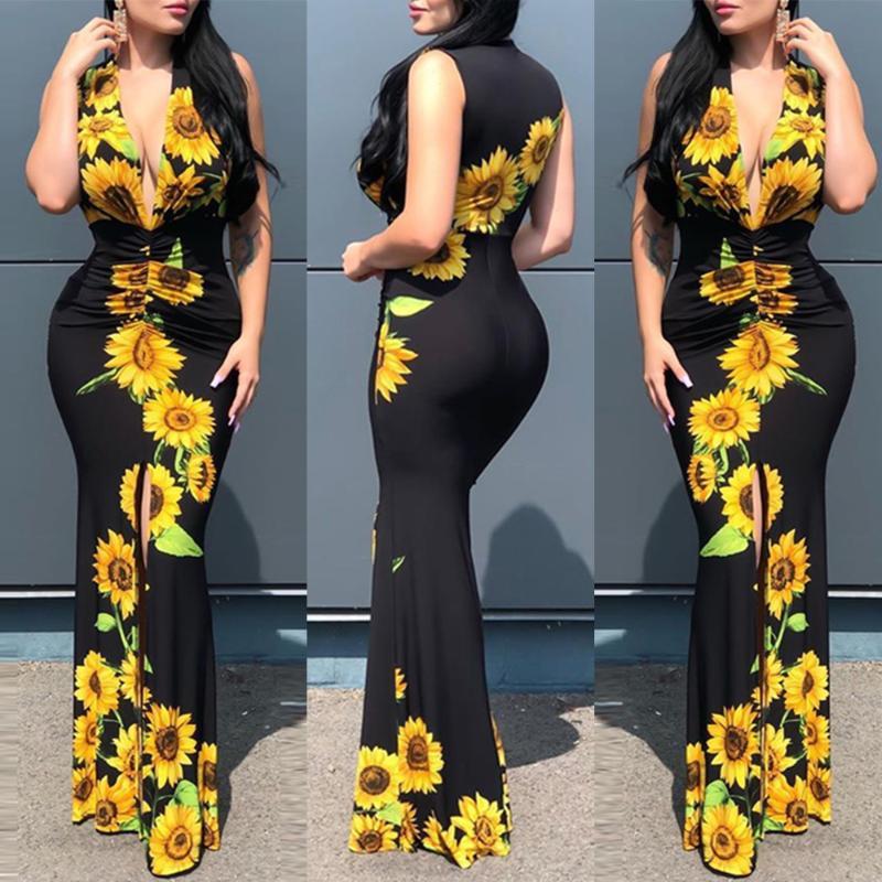 Deep V-Neck Plunge Sunflower Print Slit Maxi Dress