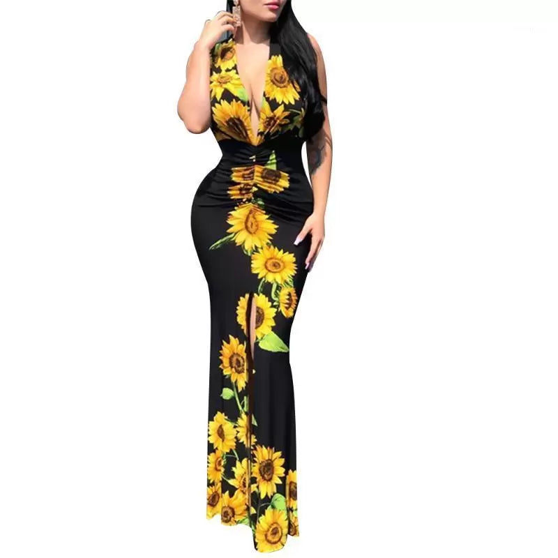 Deep V-Neck Plunge Sunflower Print Slit Maxi Dress