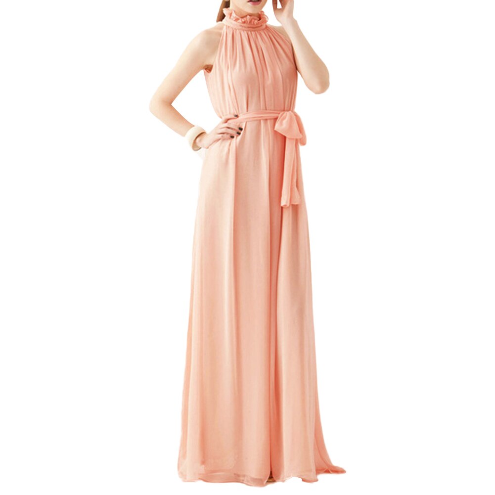 Solid Color Ruffled Collar Sleeveless Maxi Dress with Belt