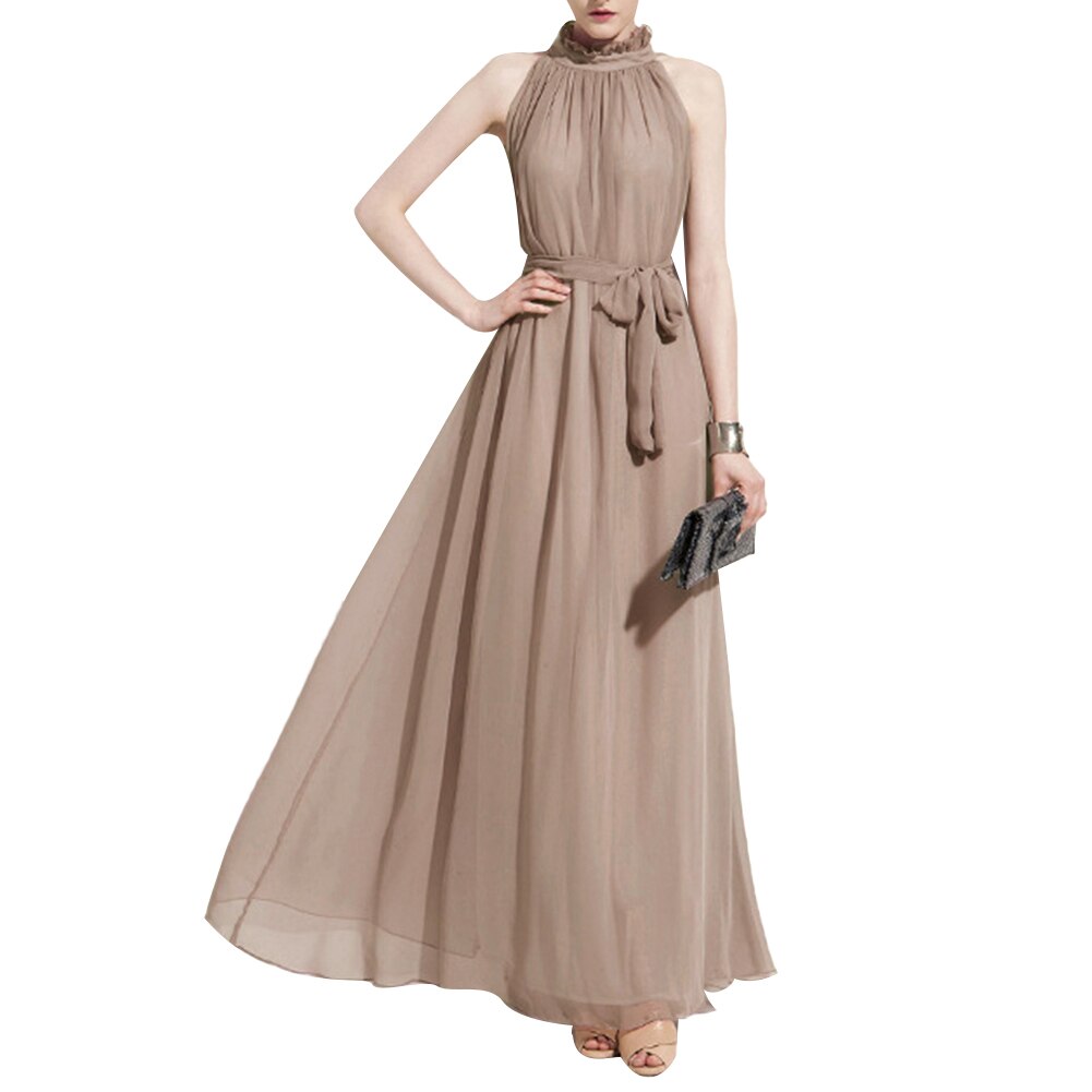 Solid Color Ruffled Collar Sleeveless Maxi Dress with Belt