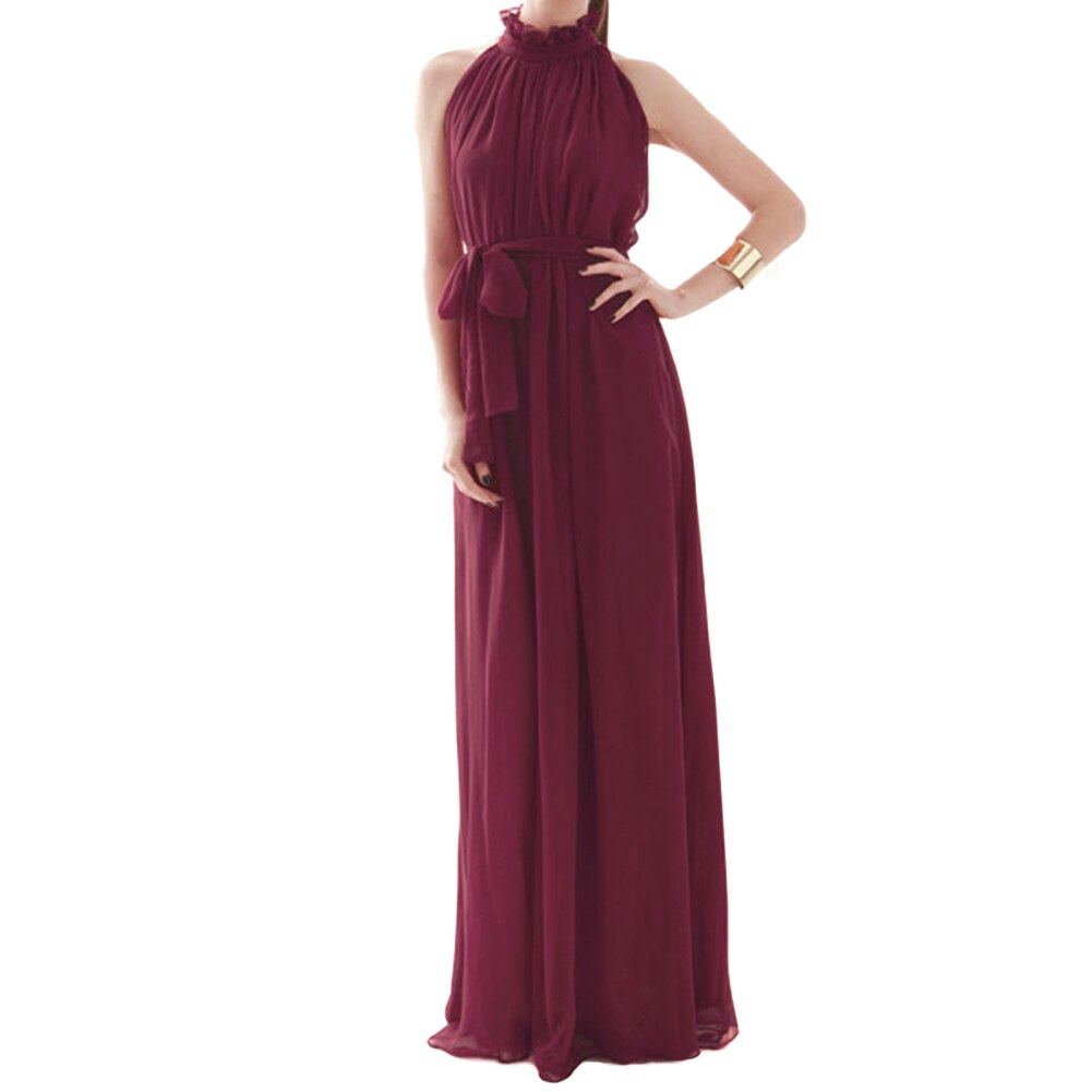 Solid Color Ruffled Collar Sleeveless Maxi Dress with Belt